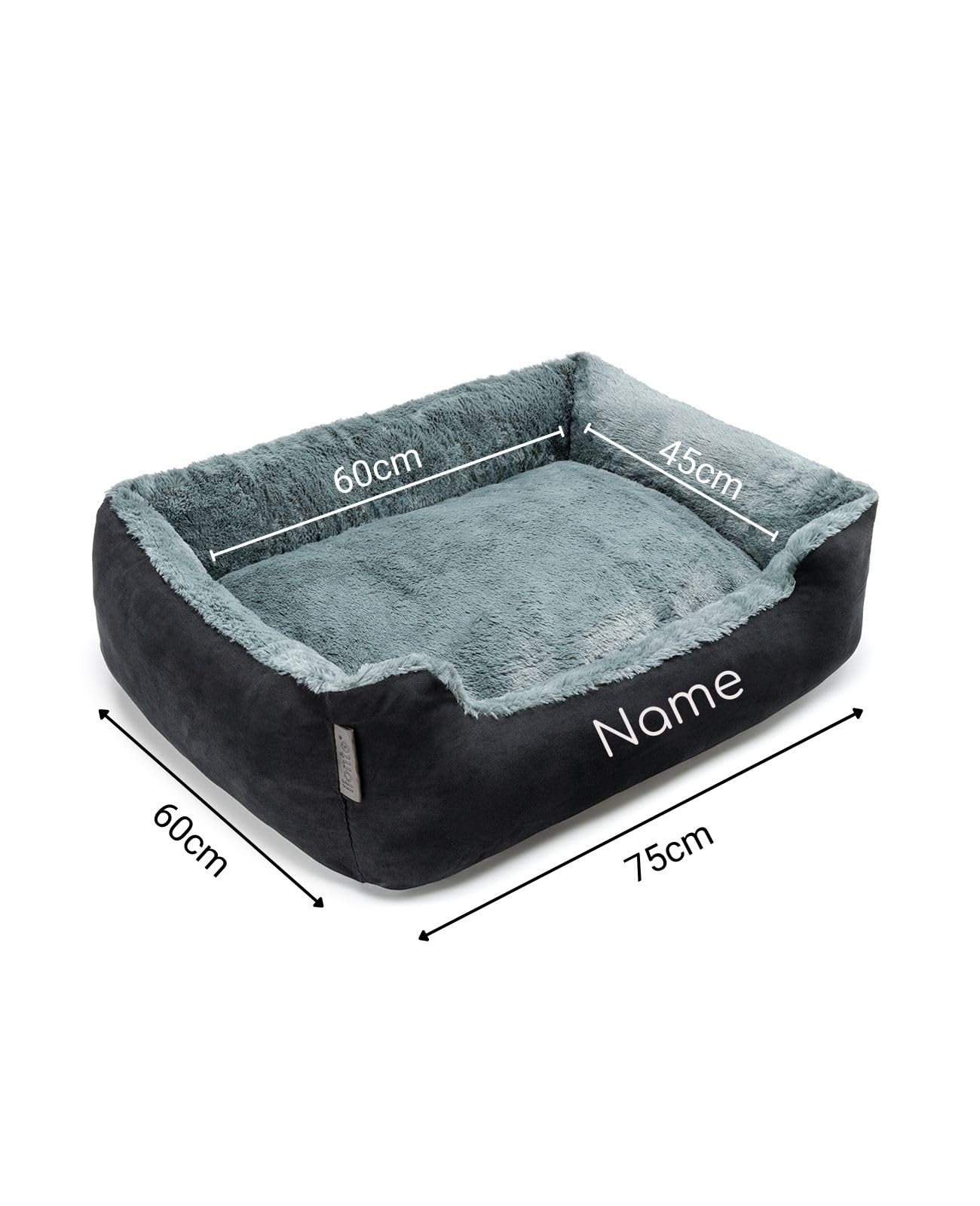 lionto Cama para Perros con cojín Reversible y Base Antideslizante, cojín para Mascotas con Entrada Baja para Perros y Gatos, 75x60 cm, cojín para Perros Acogedor, Negro/Gris (con Nombre Impreso)