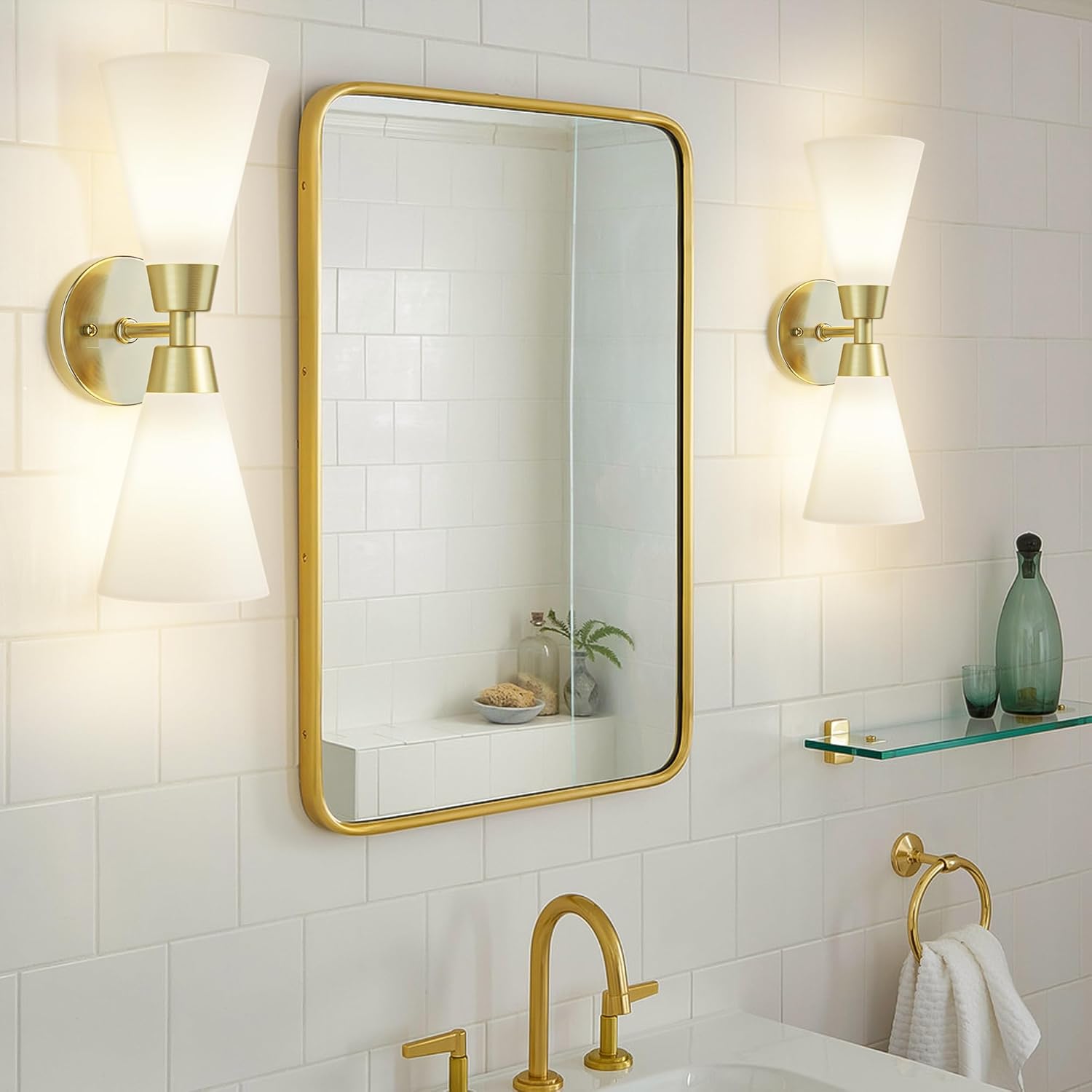 PAZALA Bathroom Vanity Lighting Fixtures Set of Two, Brass Gold Wall Sconces with Milk Glass, Modern Sconces Wall Decor Set for Bathroom Bedroom Mirror Living Room Hallway