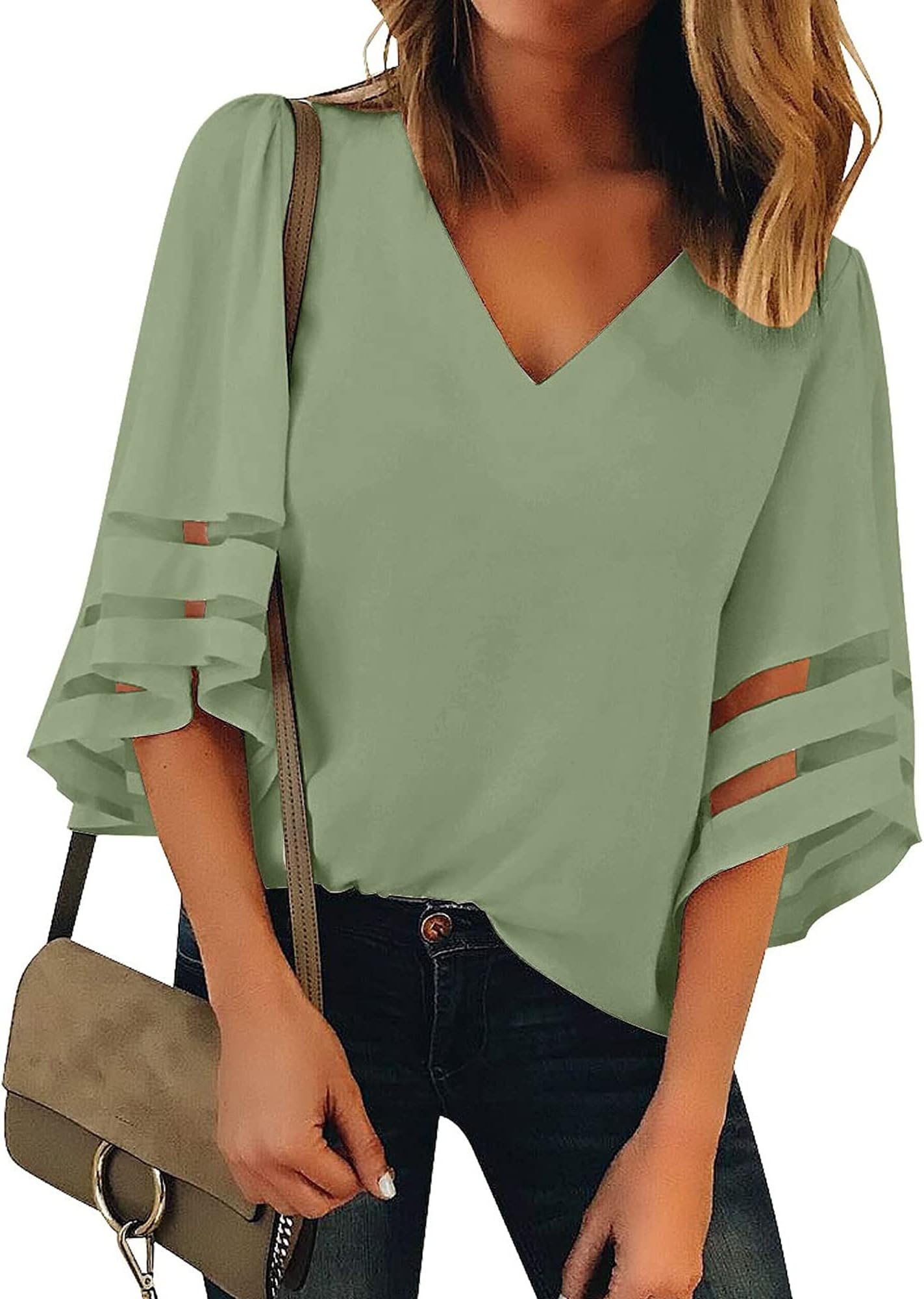 UtyfulDressy Tops for Women Women's Summer Casual V Neck Mesh Panel 3/4 Bell Sleeve Loose Blouse Top