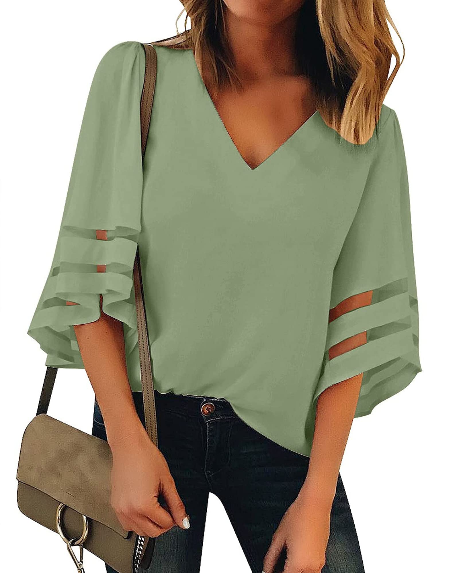 UtyfulDressy Tops for Women Women's Summer Casual V Neck Mesh Panel 3/4 Bell Sleeve Loose Blouse Top
