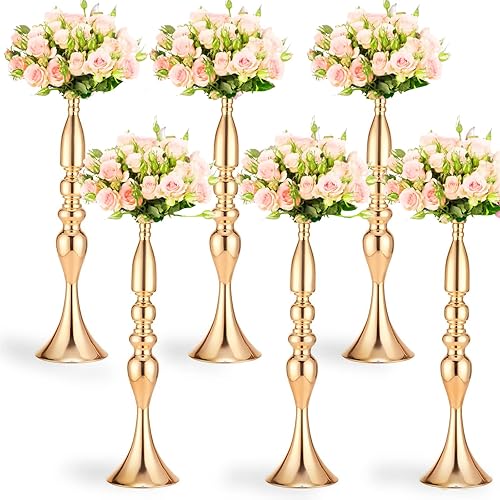 Thenshop 6 piezas de jarrón dorado de 19.7 pulgadas de alto, centro de mesa de boda, soporte de flores de metal, jarrón de trompeta para decoración