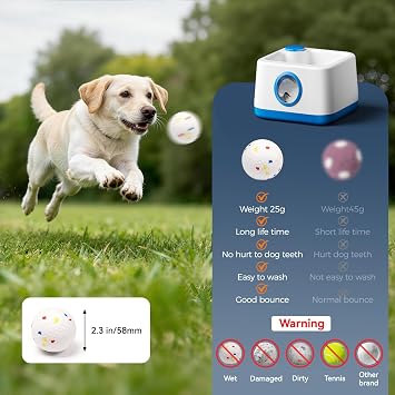 Automatic Dog Ball Launcher — Features Manual and Automatic Modes Sound Function and 3 Launch Distance Settings Ball Thrower Dog with 4PCS 2.3in/58mm E-TPU Balls.