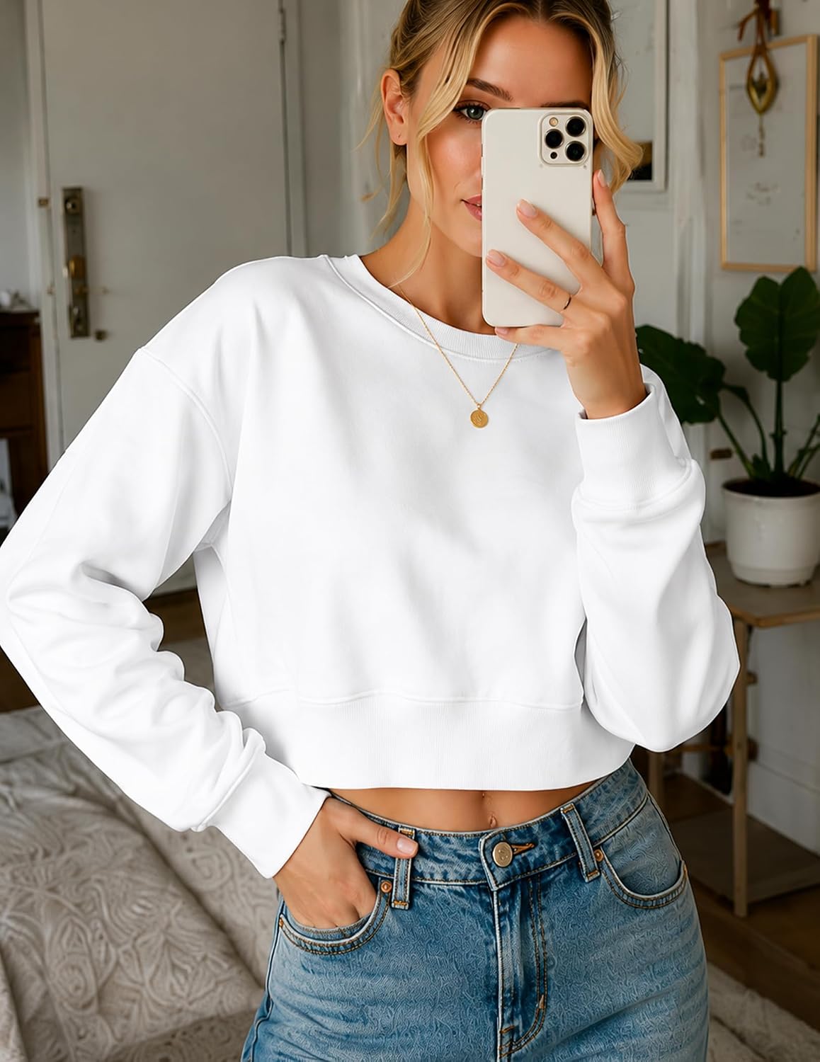 LETSEE Cropped Sweatshirt for Women Oversized Crewneck Cotton Long Sleeve Crop Pullover Casual Lightweight Boxy Sweater