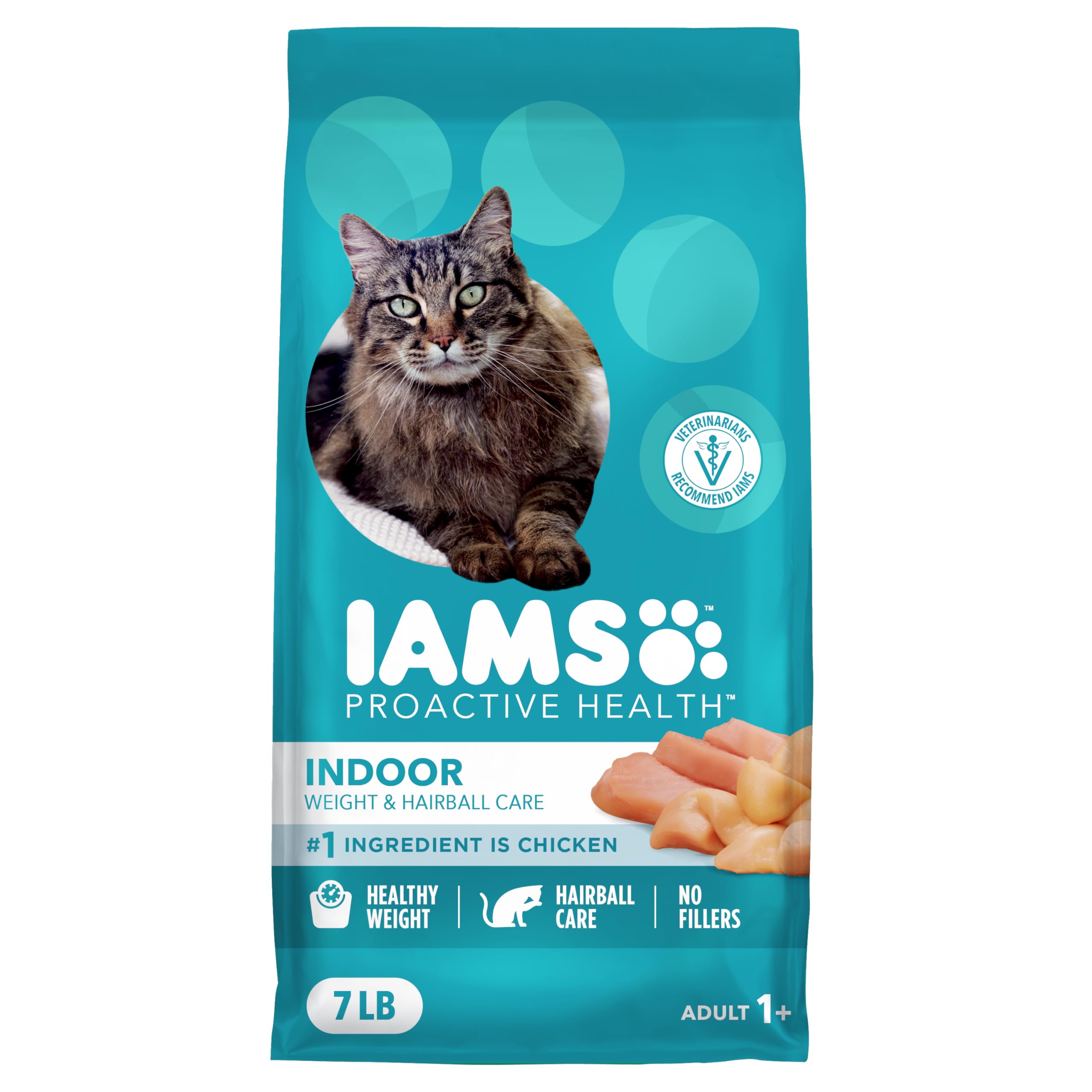 IAMS Proactive Health Indoor Weight Control & Hairball Care Adult Dry Cat Food, Chicken & Turkey Recipe, 7 lb. Bag