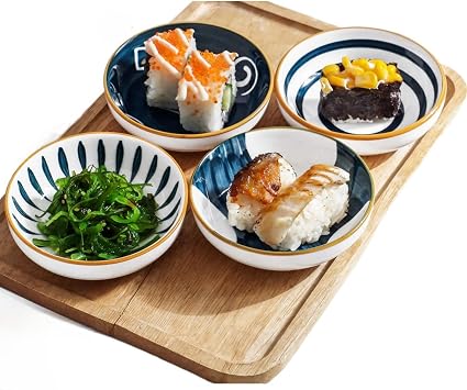 4 Pack 3 oz Cute Japanese Soy Sauce Dish Small Dipping Sauce Bowls Ceramic Sushi Dipping Bowls for Sushi,Side Dish,Ketchup,Dips,Condiment,Snack,BBQ Party