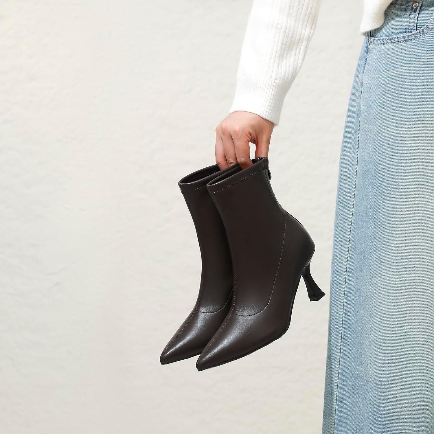 RIBONGZ Ankle Boots for Women Kitten Heeled Booties Back Zipper Pointed Toe Dressy Fur Mid Calf Short Stiletto High Heel Fashion Leather Suede Work Dress Shoes - Image 8