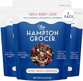 The Hampton Grocer Triple Berry Crisp Granola, 3 pack - Gluten-Free, Organic Oats, Almonds, Cashews & Pecans, Sweetened with Maple Syrup - Crunchy, Small-Batch, 8oz