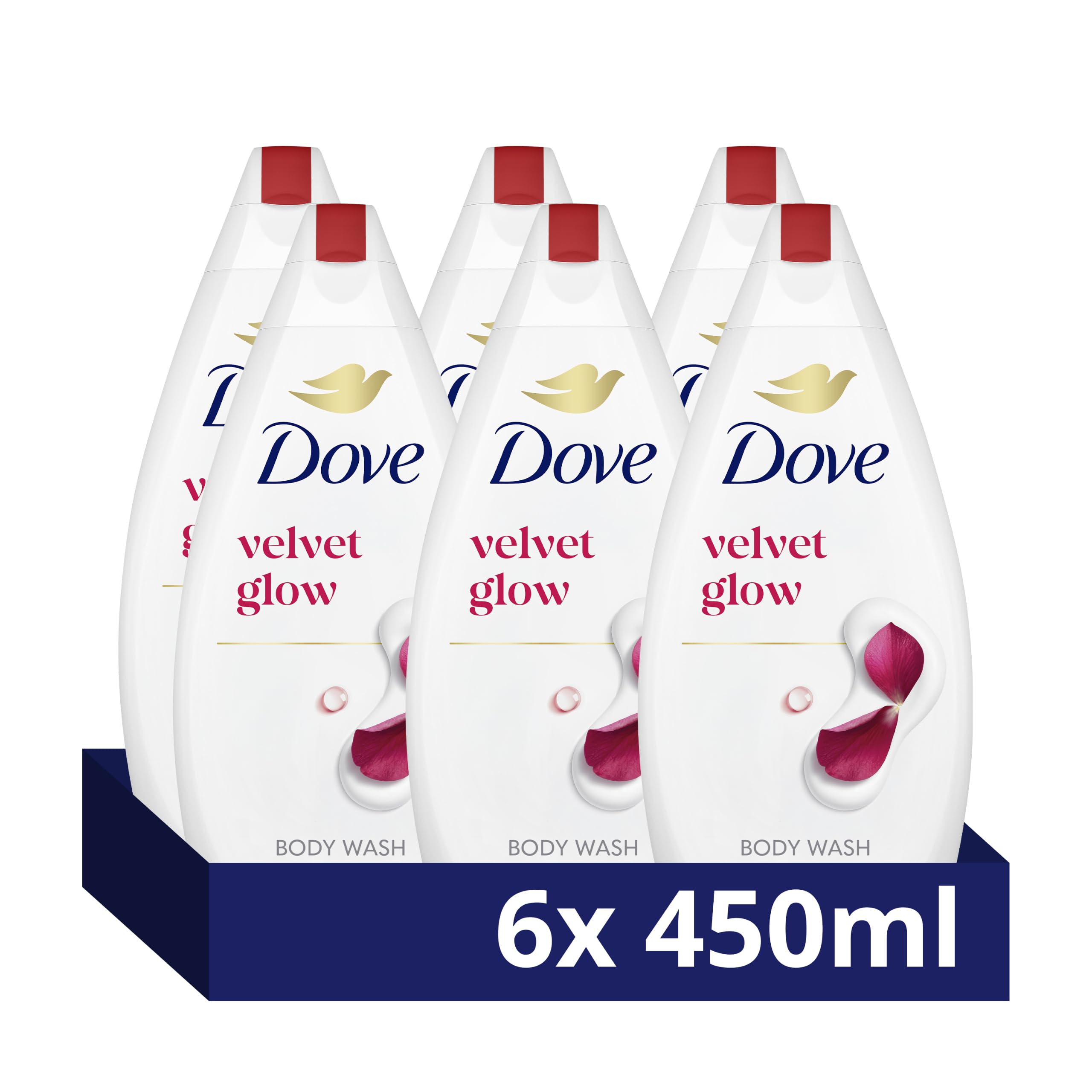 Dove Velvet Glow Body Wash Body Cleanser shower gel with plant-based moisturisers for softer, smoother skin after one shower 6x 450 ml