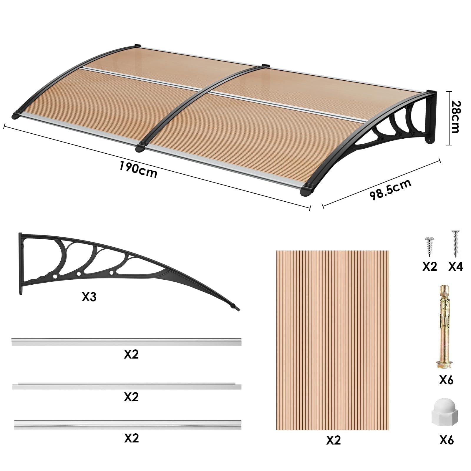 LIFERUN Pensilina Tettoia per Porta Balcone Esterno, 190 x 98.5 cm, Tetto Policarbonato Alveolare Trasparente, Protezione solare e dalla pioggia,Marrone scuro