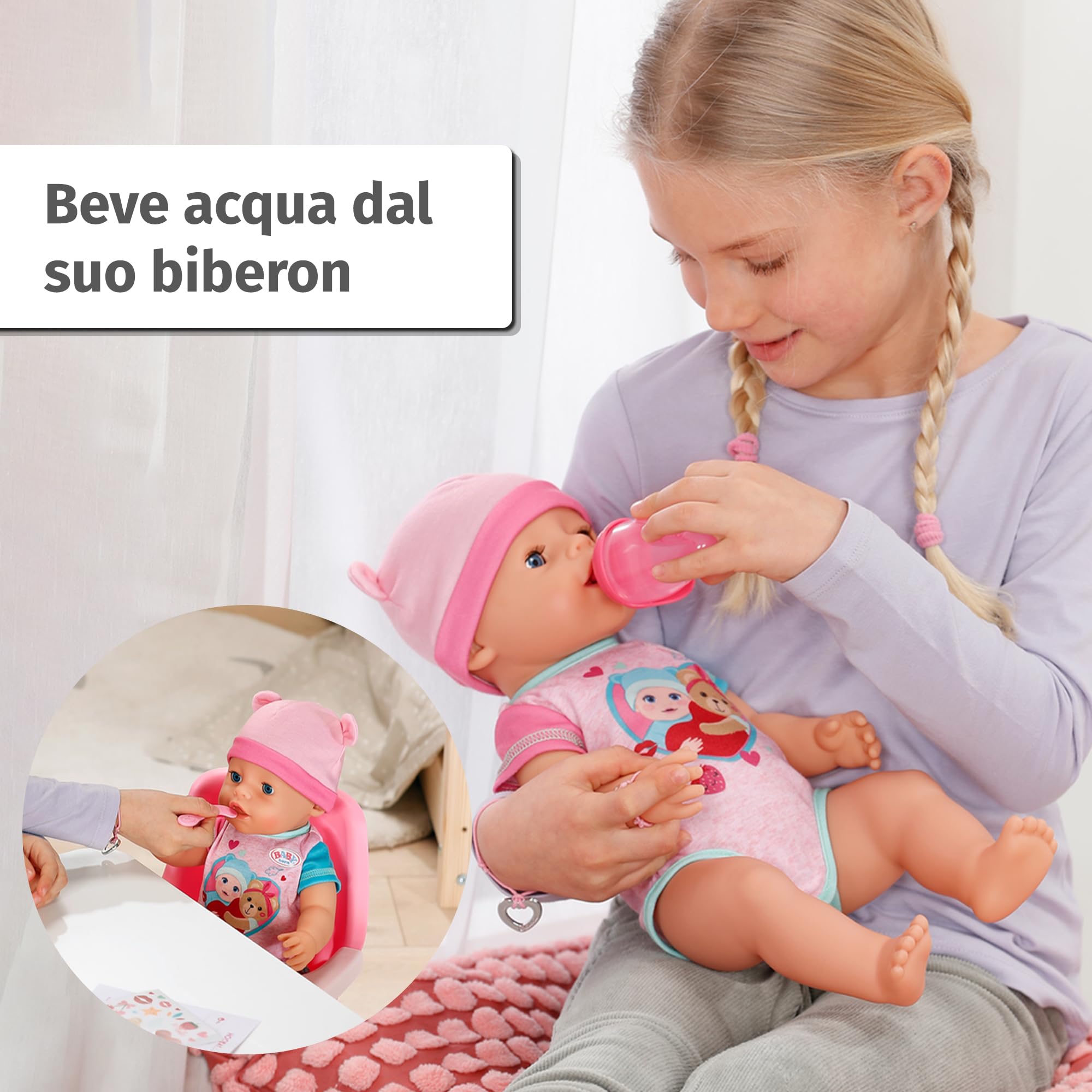 BABY born Emma - Bambola alta 43 cm - 10 funzioni con accessori e tutina - Funziona completamente senza batterie - Adatto per bambini a partire dai 3 anni di età