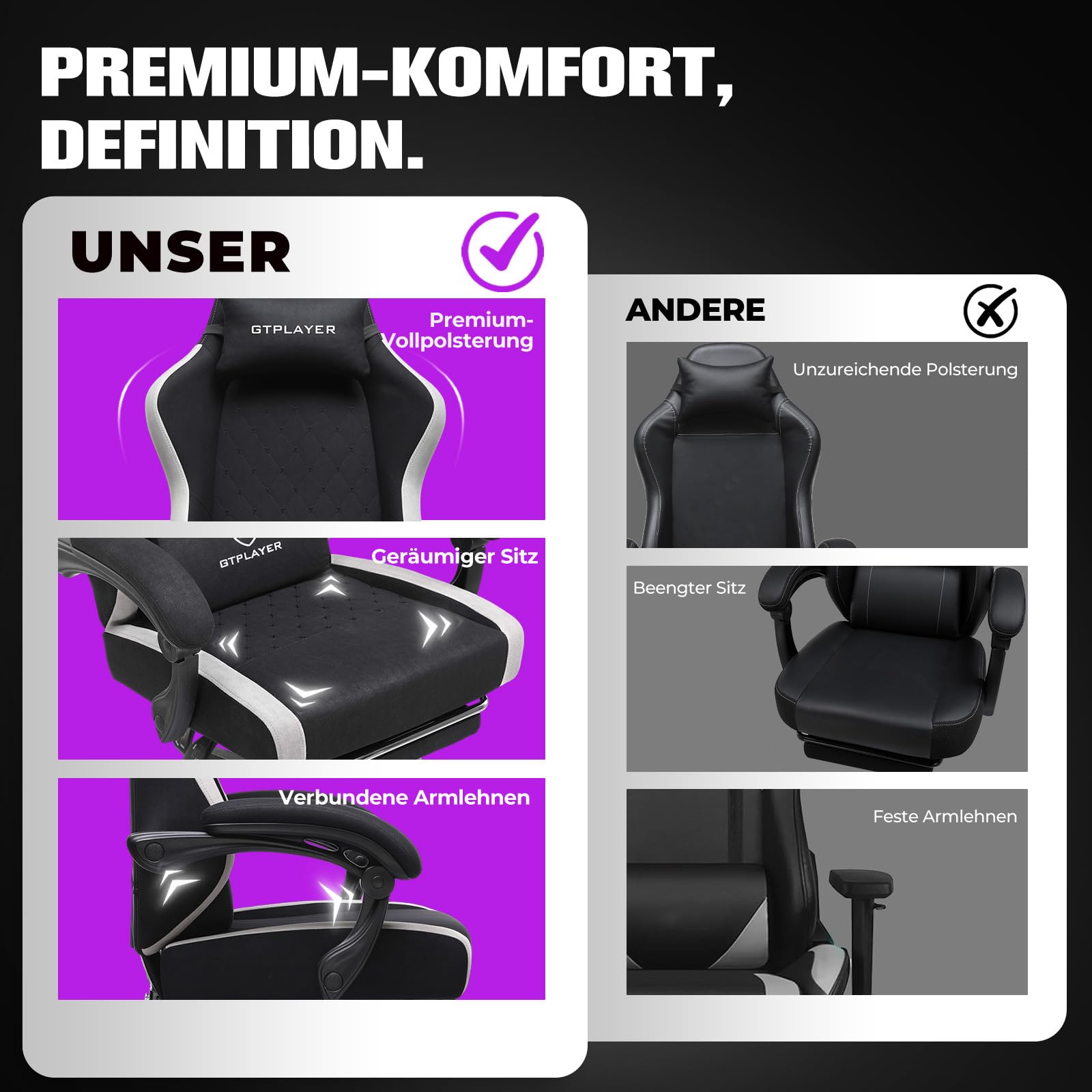 GTPLAYER Gaming Stuhl Ergonomischer, PC Stuhl Atmungsaktiver Stoff, Groß und Hoch Drehbarer Schreibtischstuhl mit Fußstütze,Verstellbare Lendenwirbelstütze und Kopfstütze,Schwarz