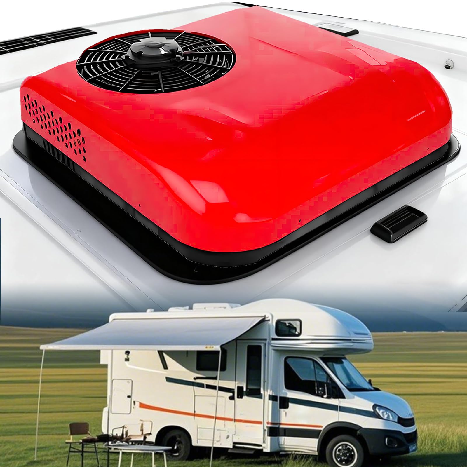 Klimatyzator dachowy 12 V do kamperów, bezkanałowy, 12 V, 9000 BTU, szybkie chłodzenie, ultracienki, niski profil, ultracichy, do kamperów, samochodów ciężarowych i przyczep kempingowych Red-12V