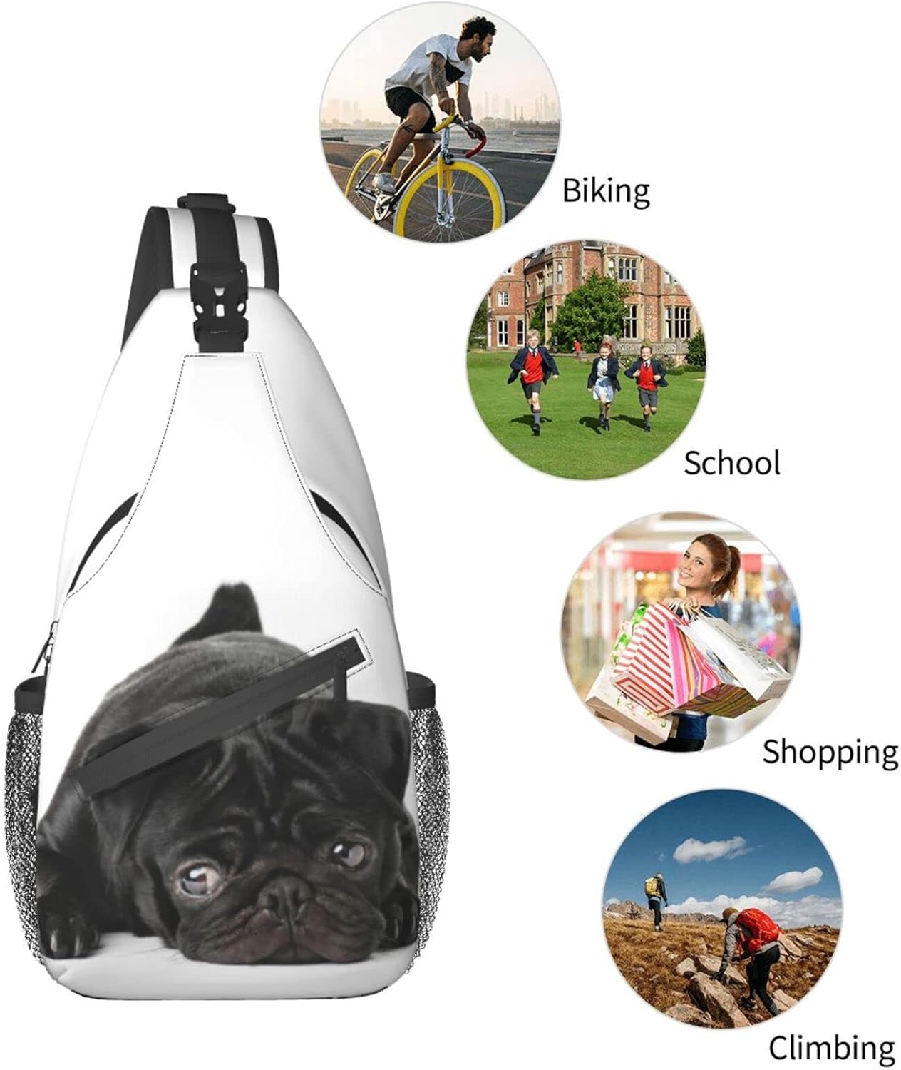 bassyil Black Pug Dog Sling Bag Crossbody Travel Hiking Chest Backpack Shoulder Daypack for Women Men - Image 7