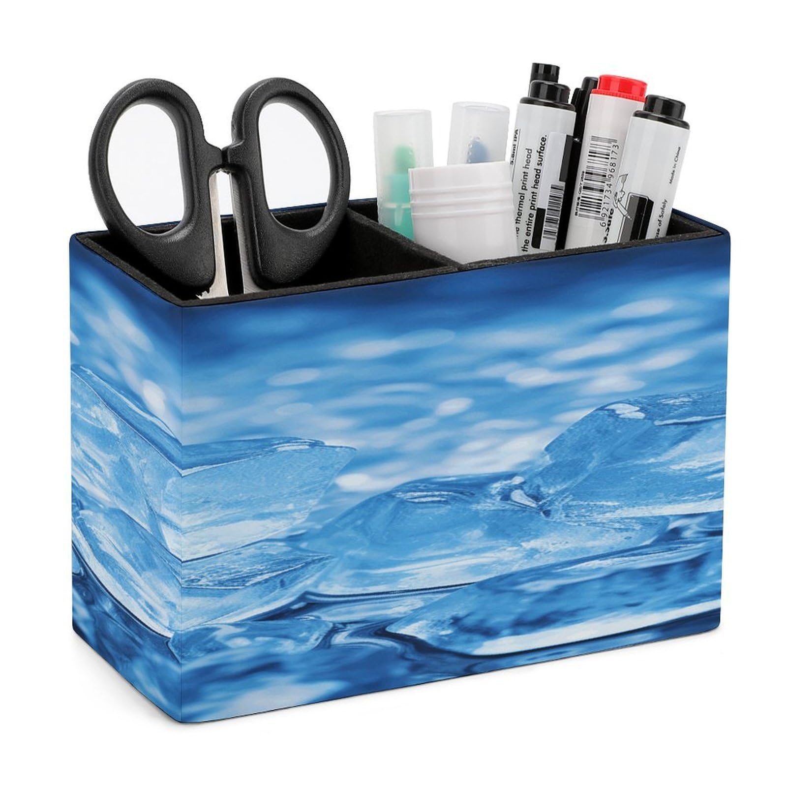 VstaDank Blue Ice Cube Background Pen Holder Double Compartments Pen Cup Fashion Makeup Brush Holders Leather Pencil Holder for Work Locker Accessories Modern Pencil Cup for Desk Organizer