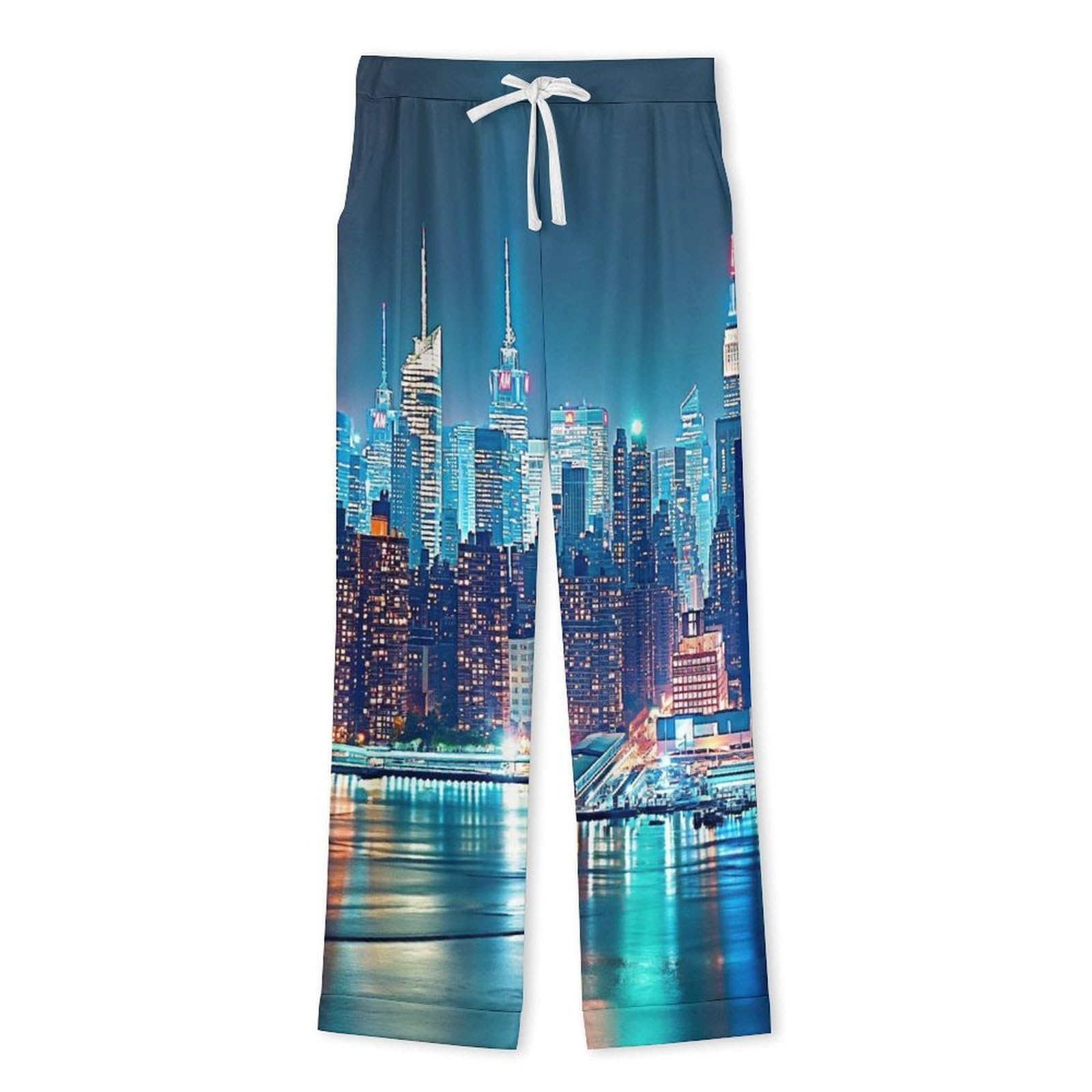 OLEETS Completo Pigiama da Uomo - Vista Notturna della Città Pigiama Invernale Pantaloni Top Caldo Autunnale Traspirante Morbido 2 Pezzi Casual Ampio