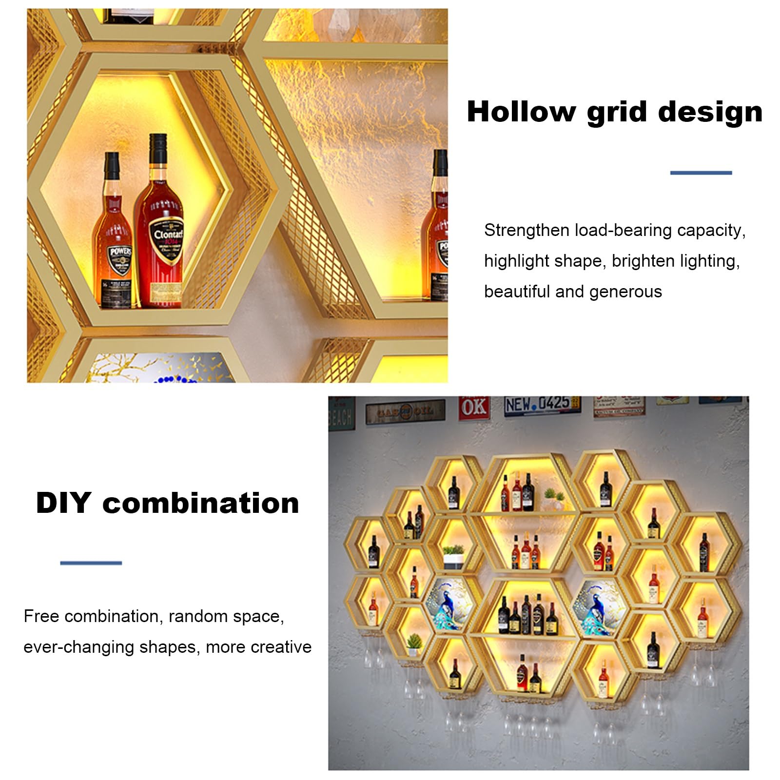 Portabottiglie da parete a LED con supporto in vetro, espositore industriale per casa, bar e sala da pranzo