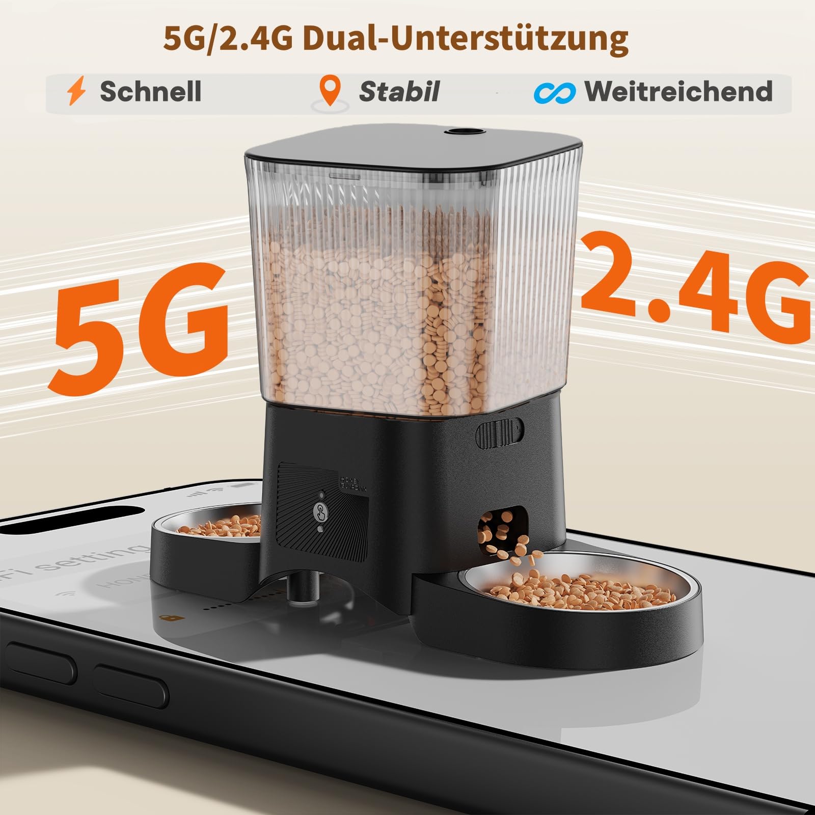 HONEYGUARDIAN Futterautomat Katze 2 Näpfe, 5G/2.4G WiFi Intelligenter Automatischer Futterspender für Katzen & Hunde, APP-Steuerung, 4 Anti-Rutsch-Füße, Stabilität, 1-6 Mahlzeiten/Tag (3.5L)
