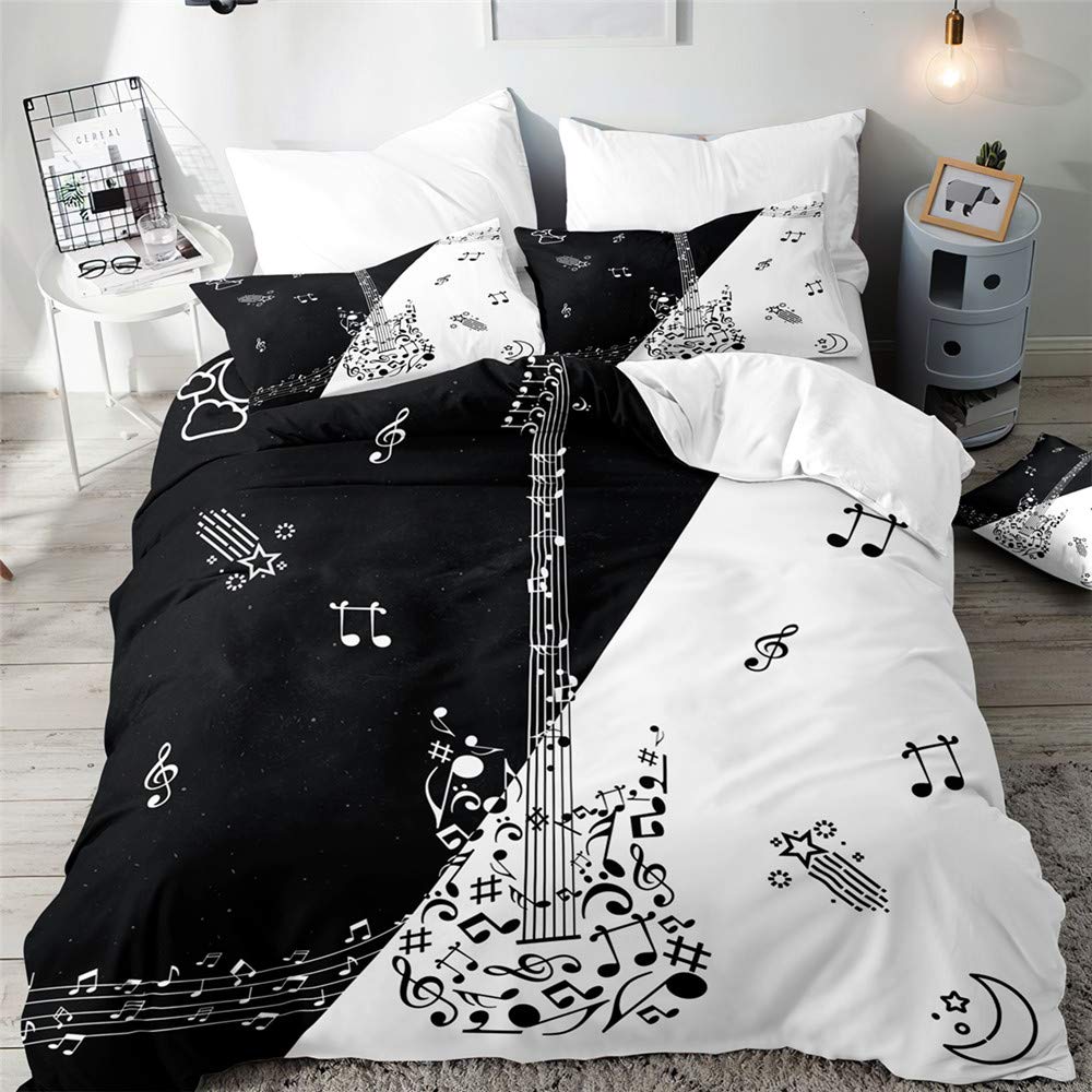 Surwin Men's Music Bedding Set Microfiber 3Pcs For Double Single Size, 3D Guitar Duvet Cover Set With Printing Quilt Cover & 2 Pillowcases For King Super King Adult Kids (,Double 200X200cm)