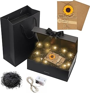 Idota Geschenkbox mit Deckel Magnetisch, 23 x 17 x 7cm Schwarz Geschenk Box Schleife Geschenkkarton Geburtstag mit Tragetasche, Raffia, Grußkarten, Licht, Geschenkverpackung für Hochzeit Geburtstag S