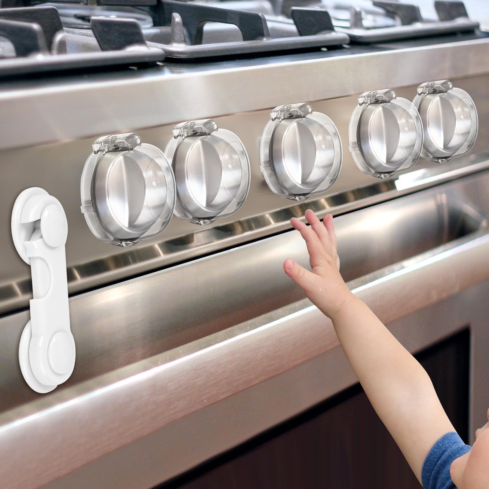 Stove Knob Safety Covers (5 + 1 Pack) - Double-Key, Universal Size Gas Stove Knob Locks with Strong Double-Sided Tape, Heat-Resistant Oven Knob Covers for Child Safety/Pet Safety, Clear View