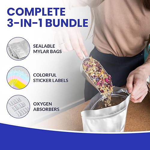 Miniatura 2 de Opalpros 70 bolsas de Mylar reforzadas de 14 mil para almacenamiento de alimentos con absorbentes de oxígeno, media pinta (30), 1 cuarto de galón