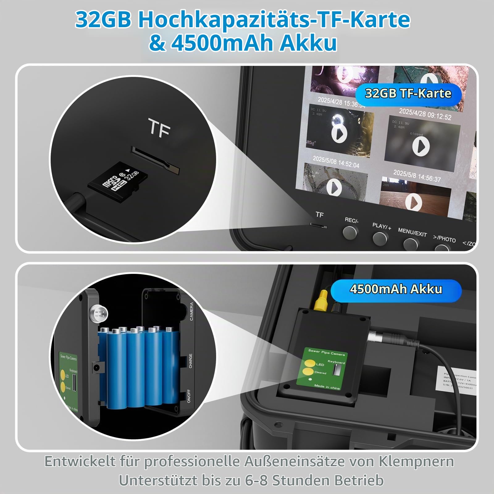 HD Kanalisationskamera 30M, Sanyipace Rohrkamera mit 512Hz Sender, Entfernungszähler und Selbstnivellierung, 10.1“ Bildschirm Rohrkamera, 7mm halbstarres Kabel, 32GB TF Karte enthalten