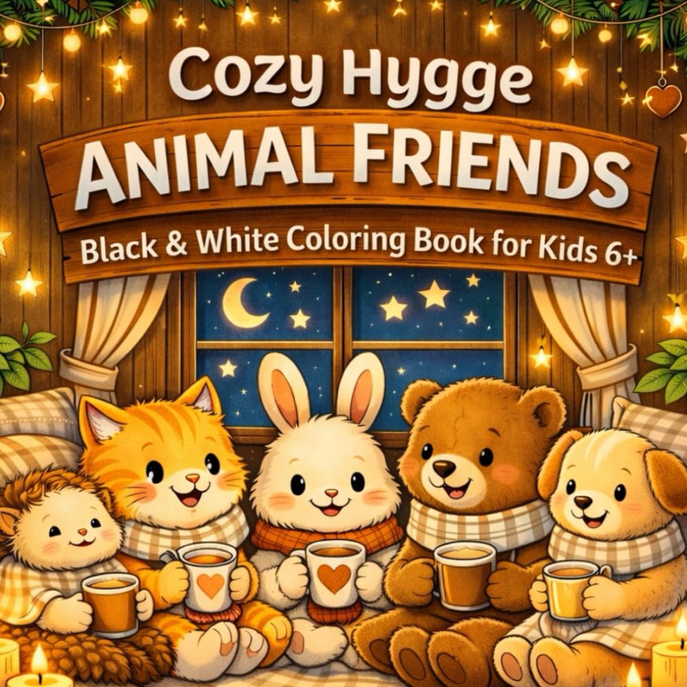 Cozy Hygge Animal Friends: Black & White Coloring Book for Kids 6+: Relaxing, Cute, and Adorable Animal Characters for Stress Relief
