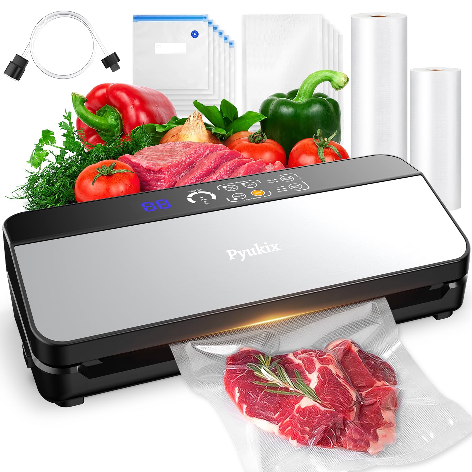 Macchina Sottovuoto Alimenti 8-IN-1, Professionale 80KPA Vuoto Veloce, Stoccaggio Rotoli con Taglierina, Tubo a Vuoto, Conto alla Rovescia Digitale, 2 Sacchetti in Rotolo e 11 Sacchetti Sottovuoto