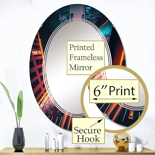 Miniatura 3 de DesignQ Futuristic New York City Neon IV- Espejo de tocador, espejos de baño, espejos de pared para sala de estar, dormitorio, espejo ovalado,