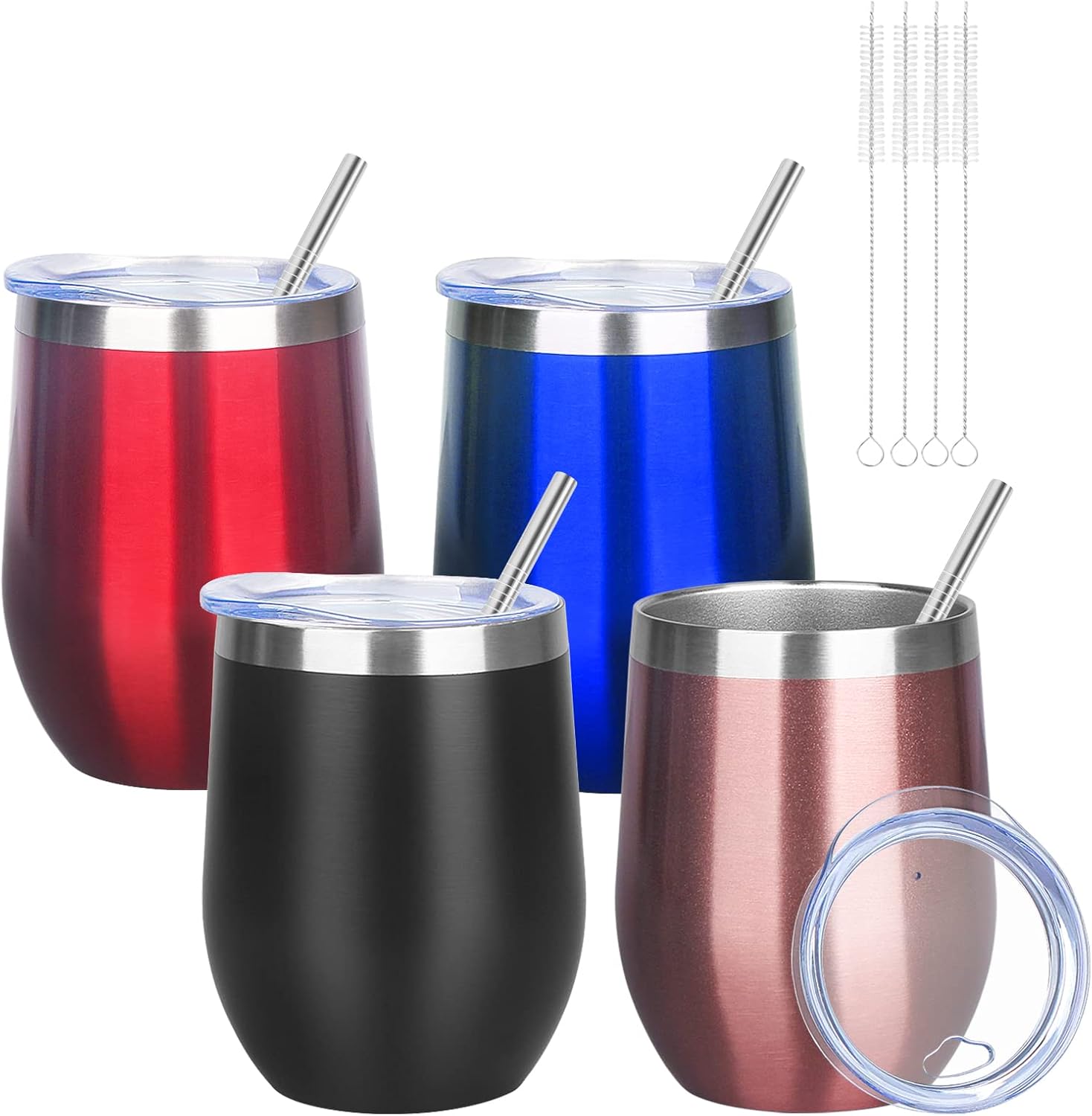 12oz/4 Pack Wine Tumbler Glasses with Lid Stemless Double Wall Vacuum Stainless Steel Travel Tumbler Keeping Cold & Hot for Wine,Coffee,Cocktails,Christmas Drinks-Family and Gifts(Multi color-bright)