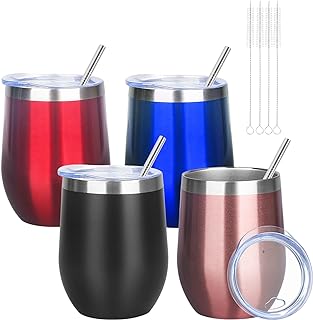12oz/4 Pack Wine Tumbler Glasses with Lid Stemless Double Wall Vacuum Stainless Steel Travel Tumbler Keeping Cold & Hot for Wine,Coffee,Cocktails,Christmas Drinks-Family and Gifts(Multi color-bright)