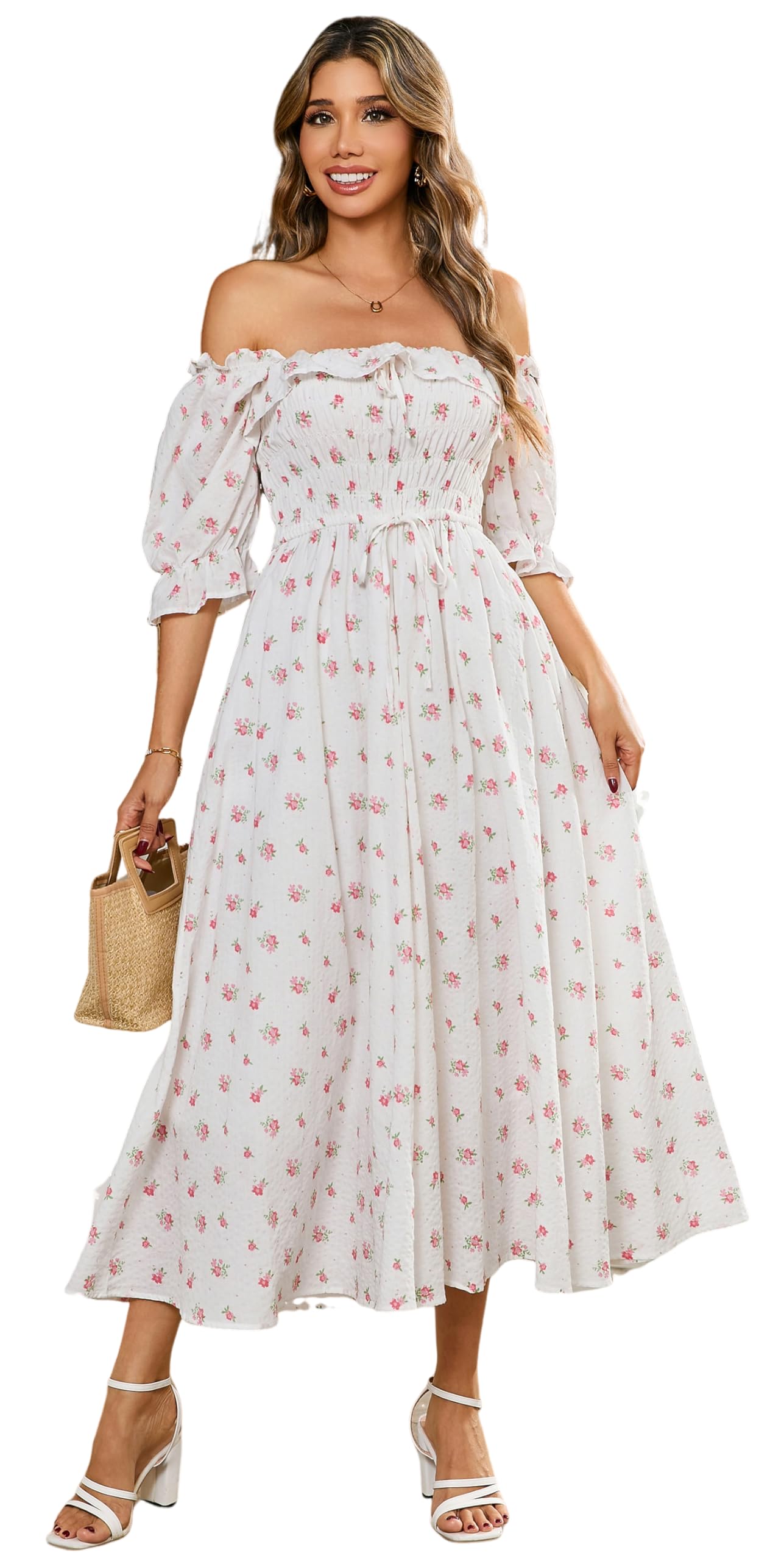 R.Vivimos Women Summer Cotton A Line Flowy Long Dresses | Half Sleeve, Ruffled, Vintage Elegant, Smocked Backless Dress, Maternity Shoot, Baby Shower, Casual Vacation Outfits
