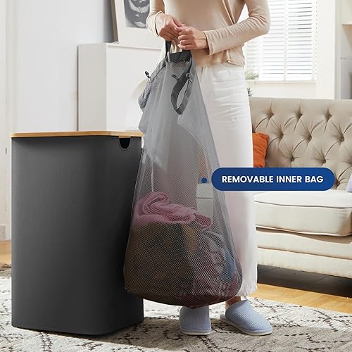 Miniatura 3 de Gris oscuro, 110L, bambú, cesta para ropa sucia