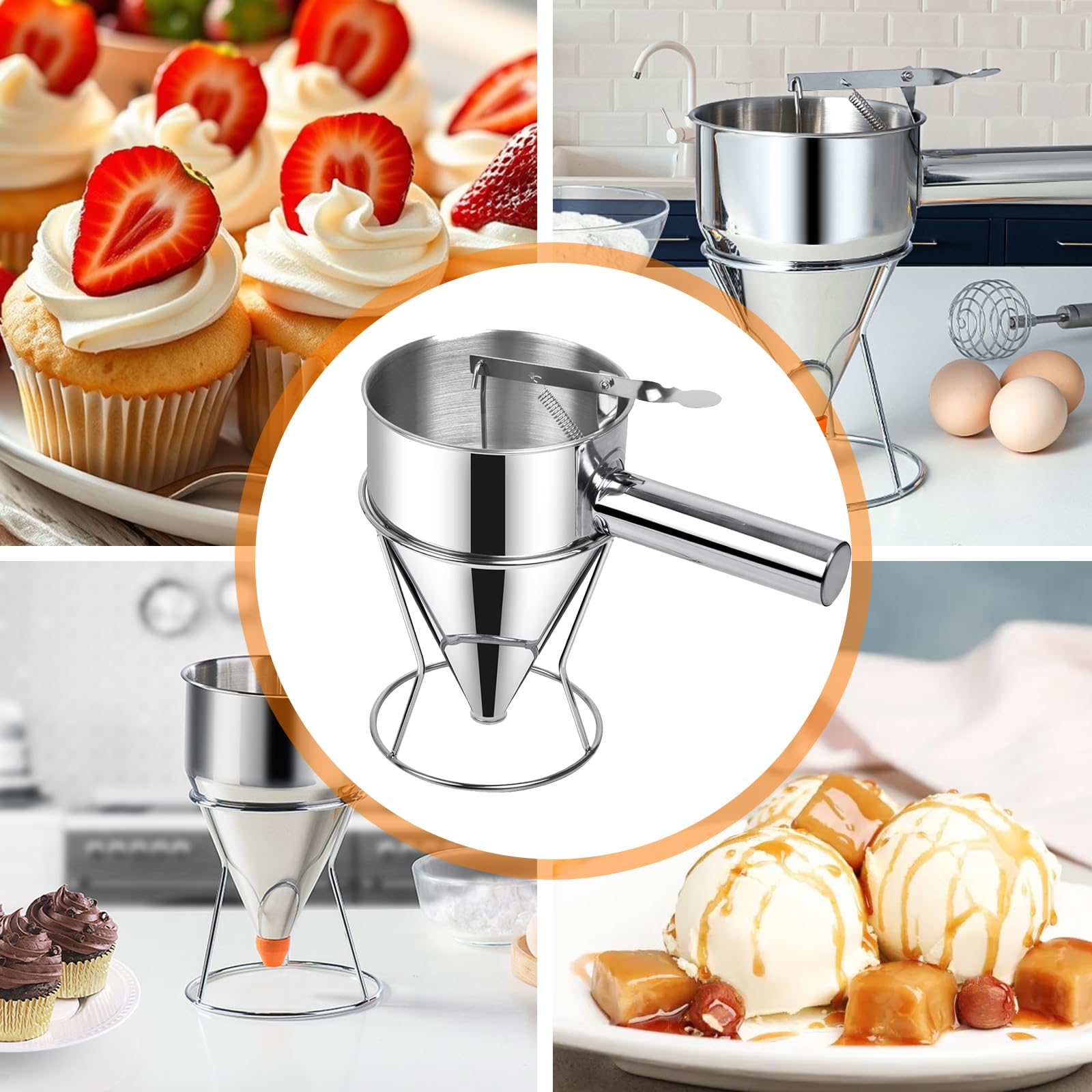 Dispenser per Pasta in Acciaio Inox + Macchina per Uova + Pennello in Silicone + Coperchio Antipolvere per Frittelle Cupcake Dessert