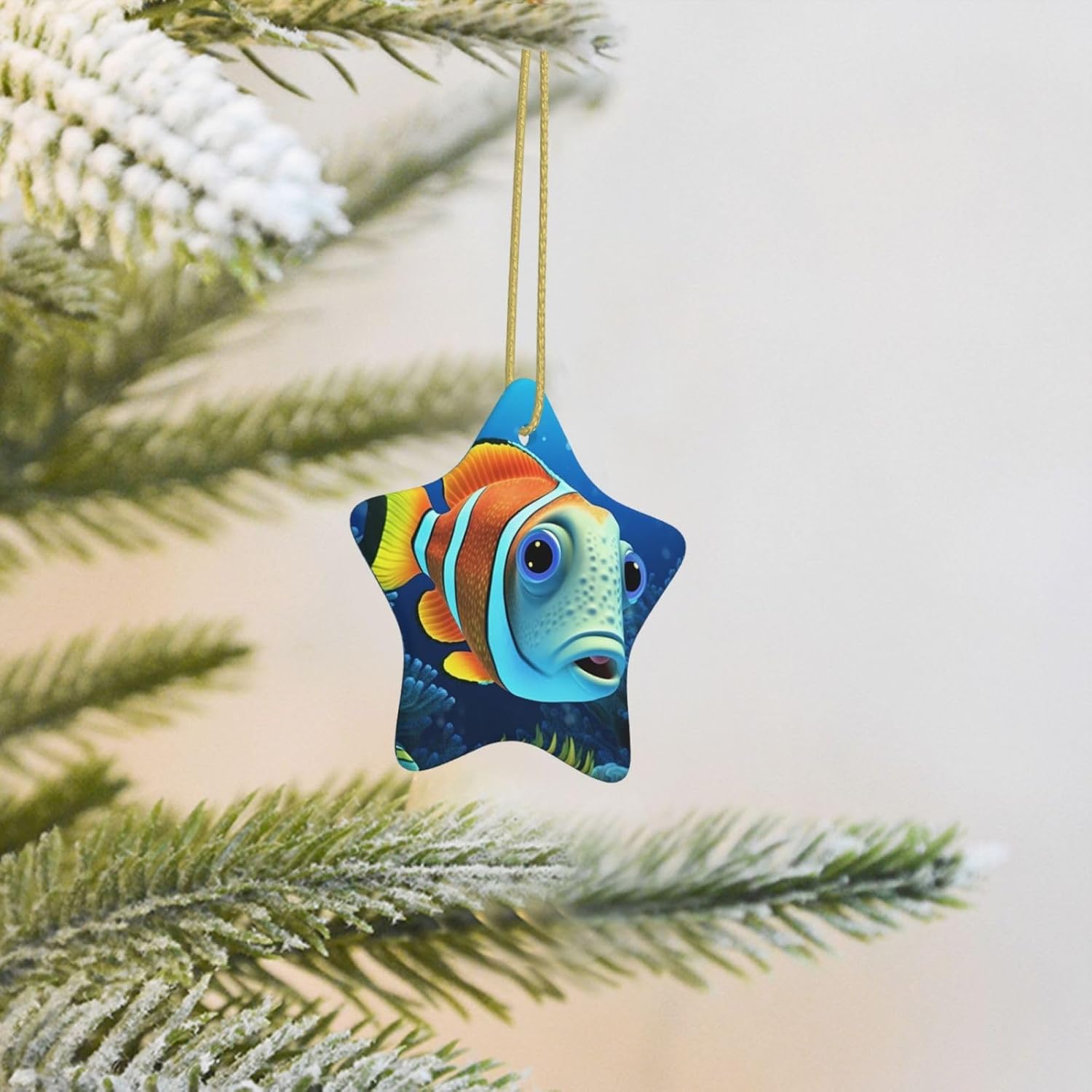 Christmas Ornaments Ceramic Star Shaped Christmas Hanging Ornament Double-Sided Underwater Cartoon Fish Print Christmas Tree Pendants for Xmas Tree Fireplace Party Holiday Wedding