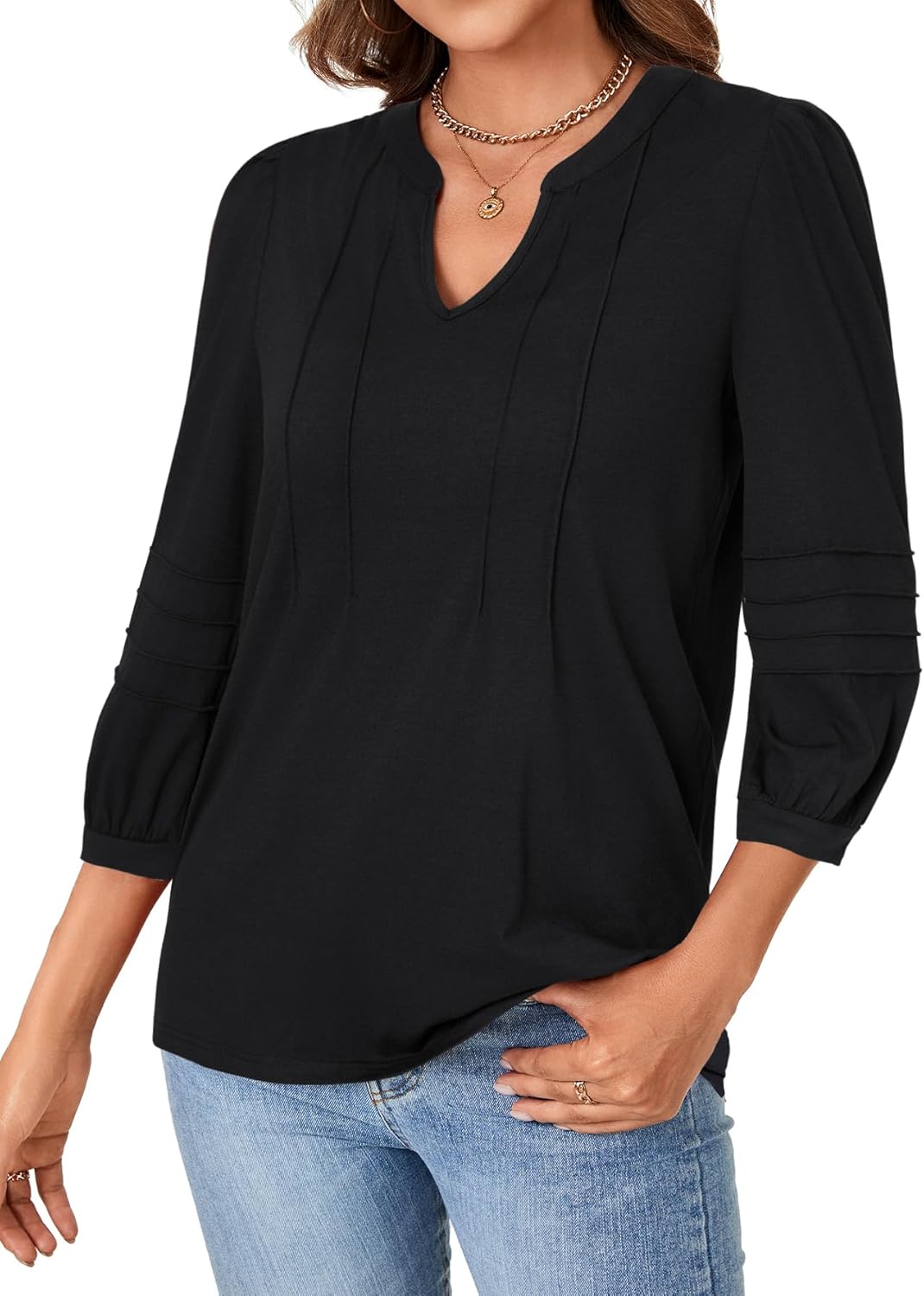 Rooscier Women's Pleated 3/4 Sleeve Notch V Neck Loose Fit Business Casual Tunic Tops Blouses Shirt - Image 4