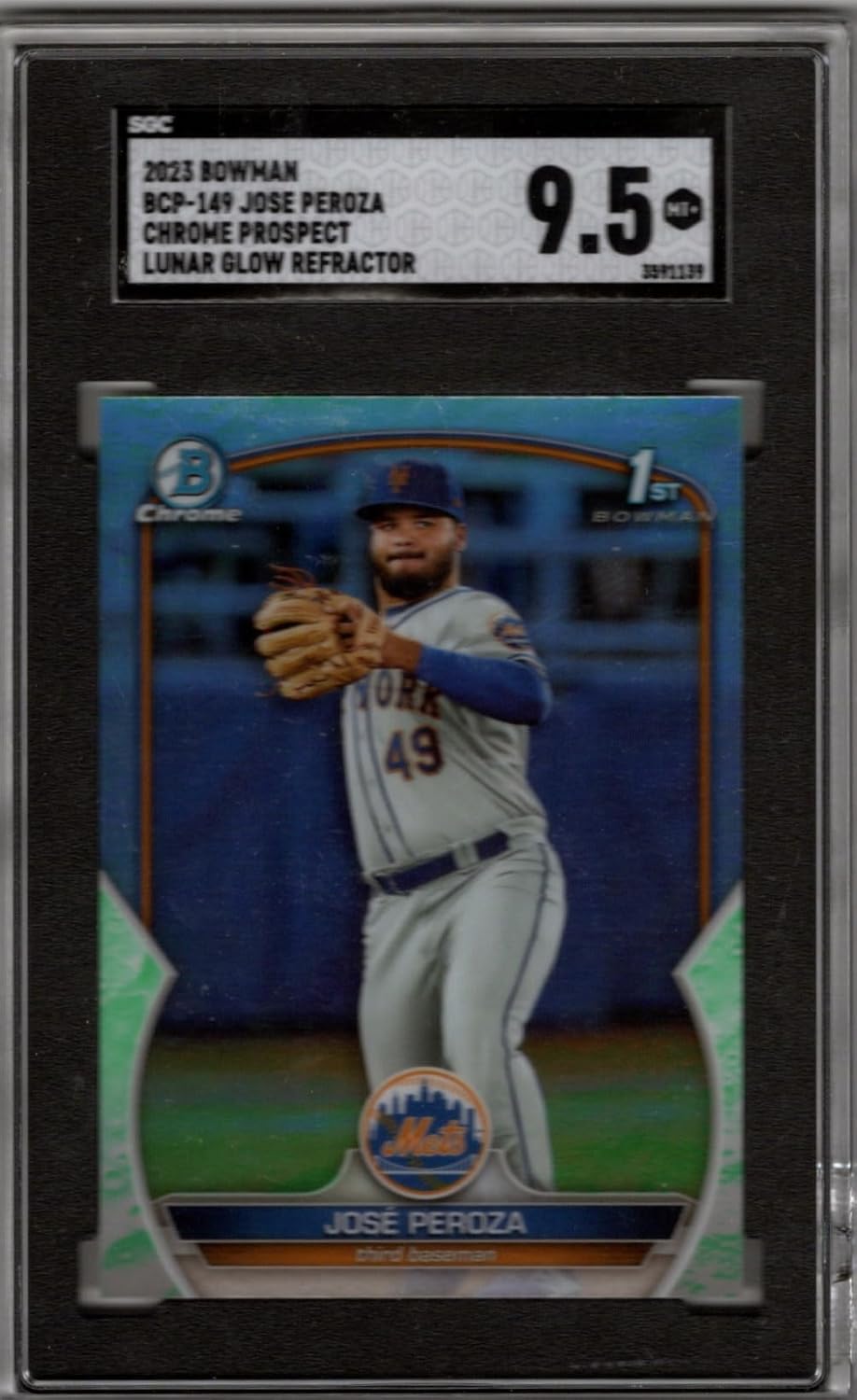 Joe Peroza Graded SGC Mint+ 9.5 Bowman Chrome Prospect Lunar Glow Refractor Collectible Baseball Card - 2023 Bowman Chrome Baseball Card #BCP-149 (Mets)