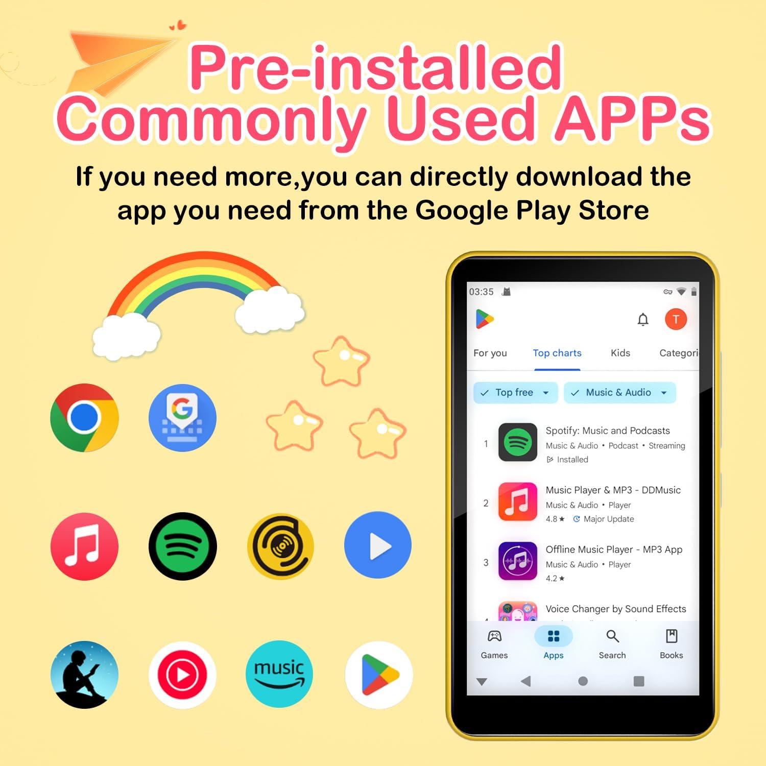 Android MP3 Player for Kids with Bluetooth (Yellow)