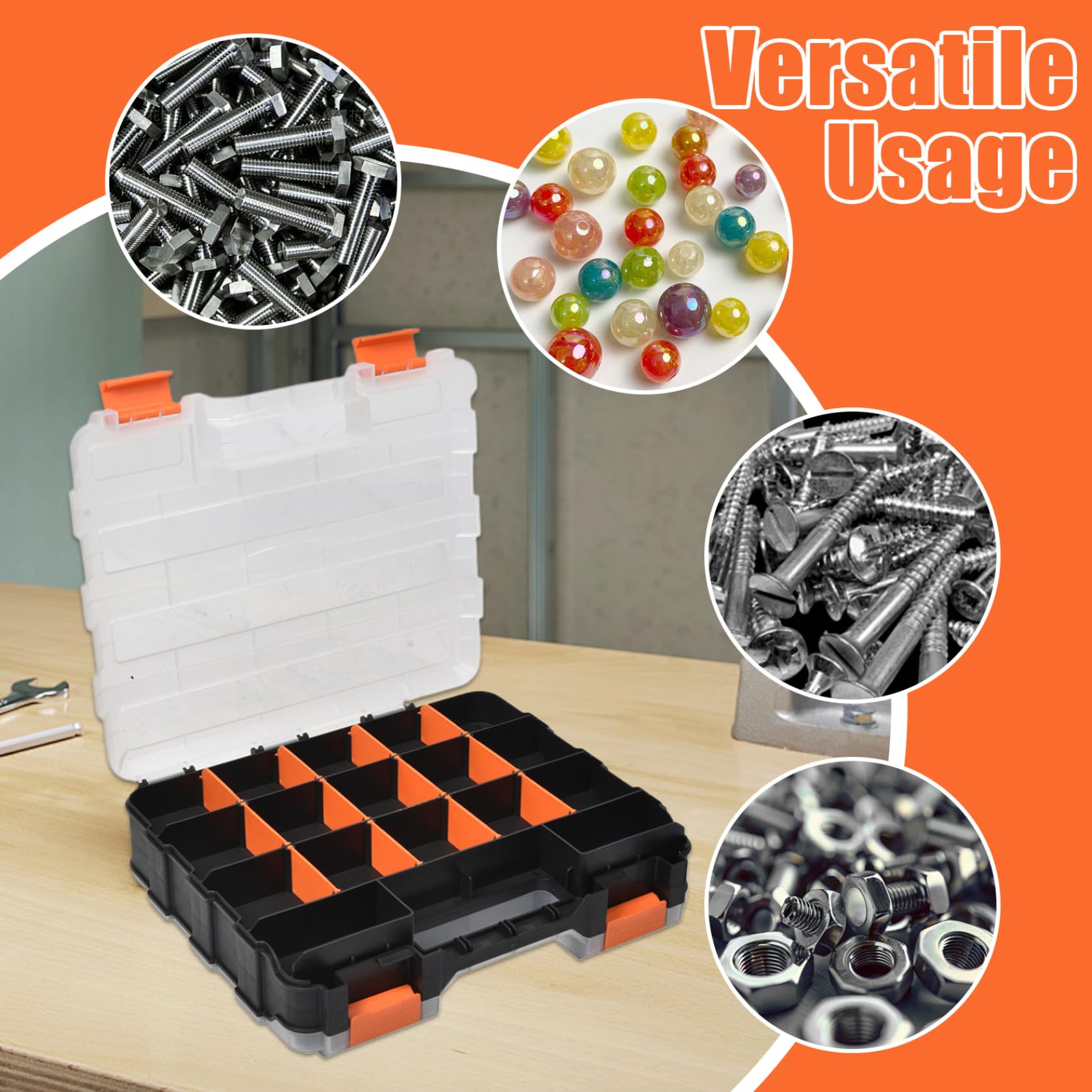 Paquete de 2 cajas organizadoras de tornillos de doble cara, 34 compartimentos, caja de almacenamiento portátil de piezas pequeñas con divisores extraíbles para tornillos, pernos, cuentas, compo