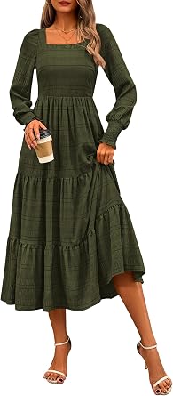 CFLONGE Womens Fall Dresses 2025 Puff Long Sleeve Square Neck Dress High Waist Smocked A-Line Flowy Wedding Party Maxi Dress
