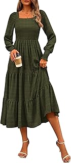 Women's Fall Dresses 2025 Puff Long Sleeve Square Neck Dress High Waist Smocked A-Line Flowy Wedding Party Maxi Dress