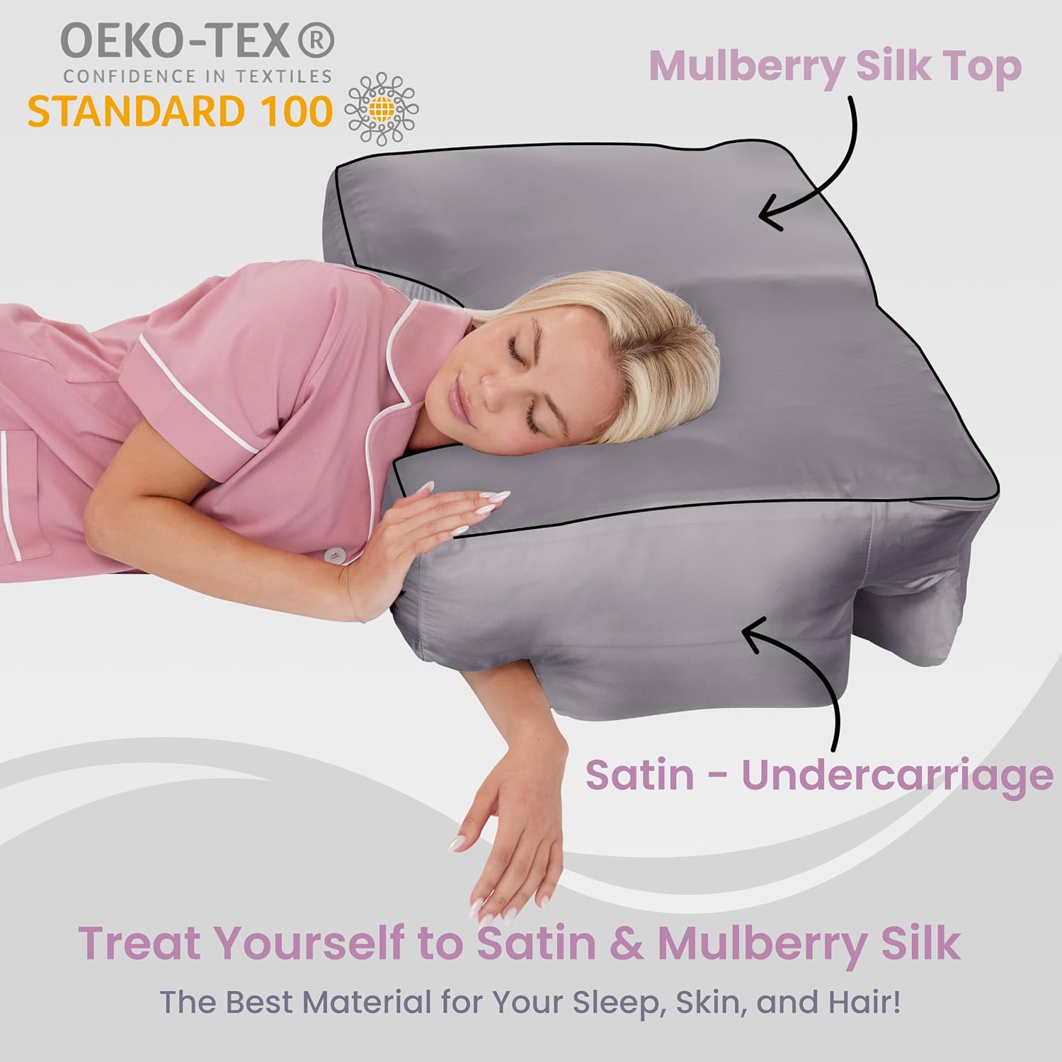 Cover Only Wife Pillow – 50% Mulberry Silk 50% Satin Pillowcase for Beauty Sleep, Hair & Skin Care – Zippered, Anti-Aging, Anti-Frizz, Cooling, Oeko-TEX Certified, Soft & Smooth Cover, Dark Grey