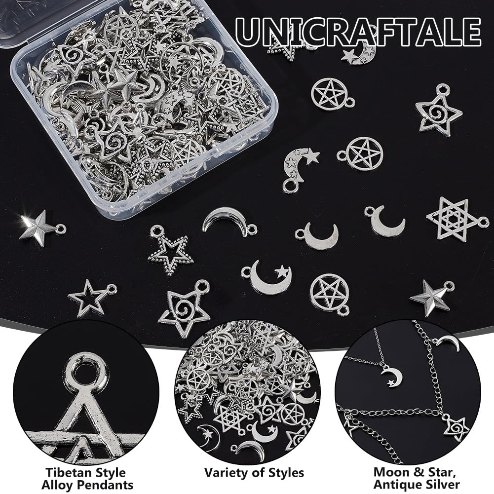 UNICRAFTALE circa 120 Pz 12 Stili Luna Stella ciondolo Ciondoli Stile Tibetano Argento Antico Pentagramma per Gioielli Orecchini Collana Bracciale per Natale