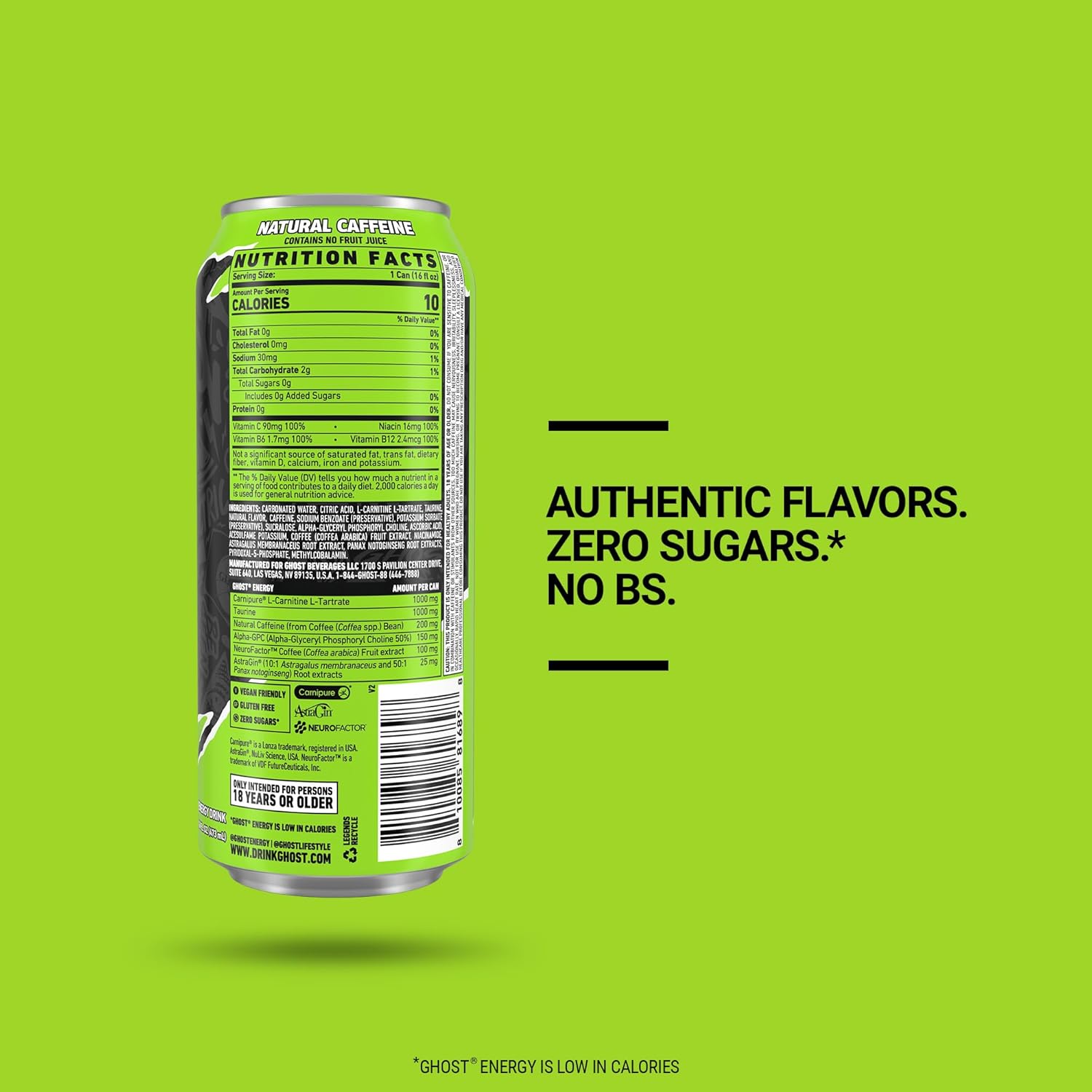 GHOST Energy Drink - 12-Pack, Electric Limeade, 16oz Cans - Energy & Focus & No Artificial Colors - 200mg of Natural Caffeine, L-Carnitine & Taurine - Gluten-Free & Vegan