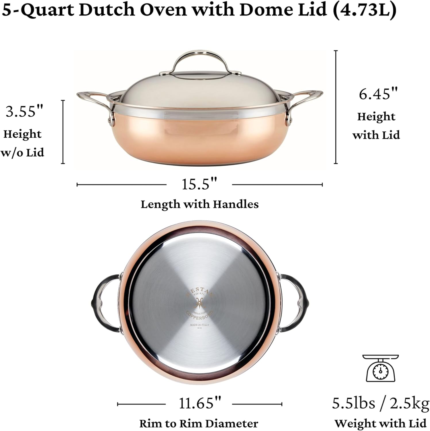 Hestan - CopperBond Collection - Copper Dutch Oven, Induction Cooktop Compatible, 5-Quart