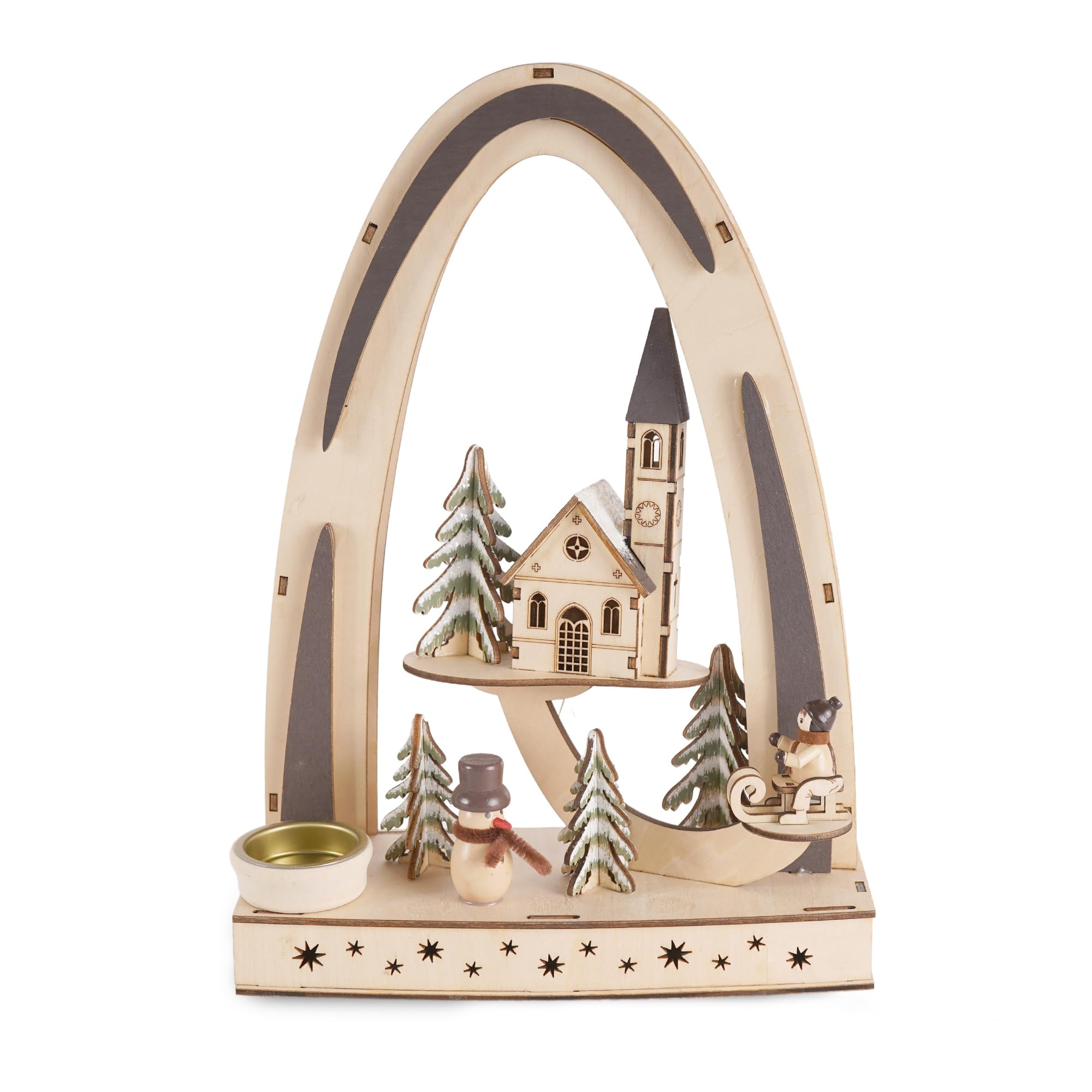 HGD - LED Lichterbogen mit Motiv „Winterkind und Schneemann“ - Weihnachtsdeko mit LED-Beleuchtung & Teelichthalter - Fensterdeko für die Adventszeit mit 6h Timer, 23 x 33 x 10 cm