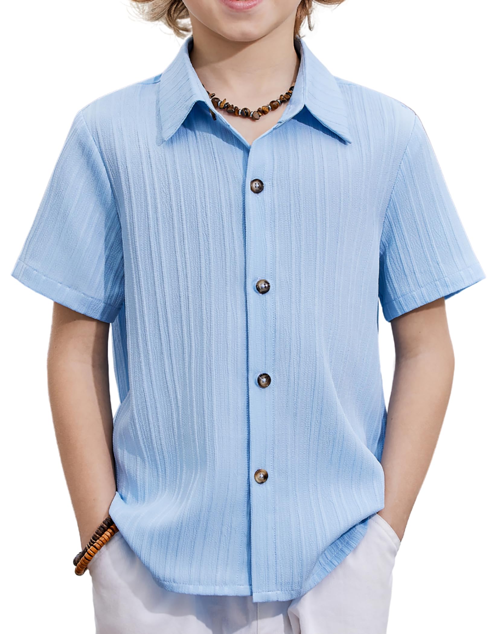 Arshiner Boys Casual Short Sleeve Button Down Shirt Fashion Textured Summer Beach Shirt 3-13 Years Old