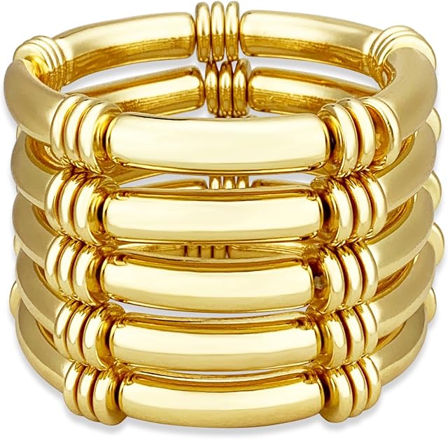 YBMYCM 5PCS Gold Chunky Bangles Bracelets for Women | 14k Gold Plated Stackable Layered Curved Bamboo Tube Str