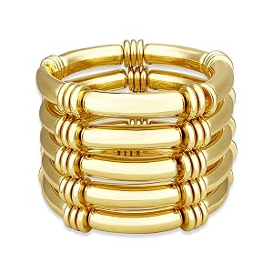YBMYCM 5PCS Gold Chunky Bangles Bracelets for Women Plated Stackable Layered Curved Bamboo Tube Stretch Bracelets Bangle Gift