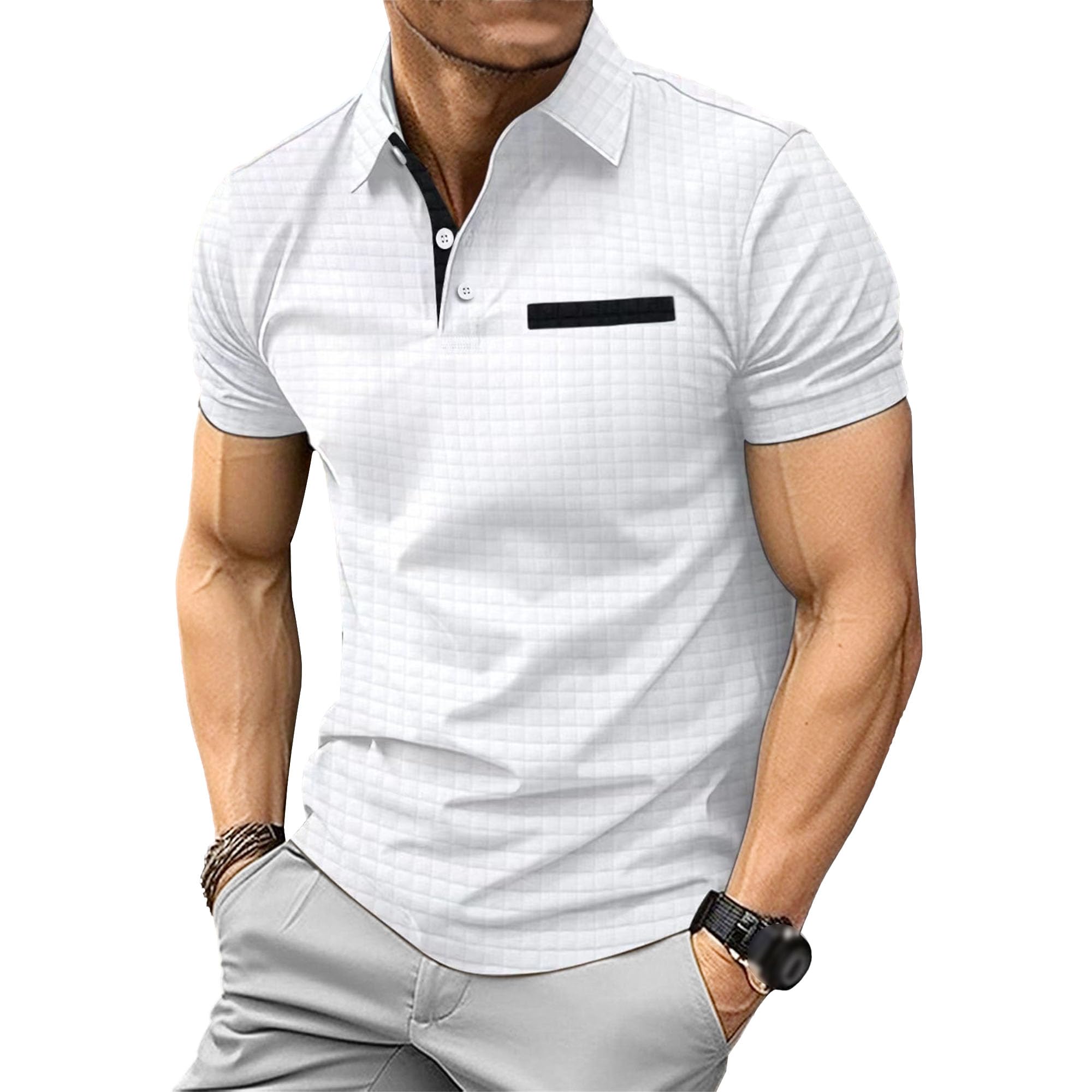Men Urban Style Sports Polo Shirt Classic Quarter Button Jacquard Plaid Shirts Summer Golf Exercise Pullover Tops (White,Small)